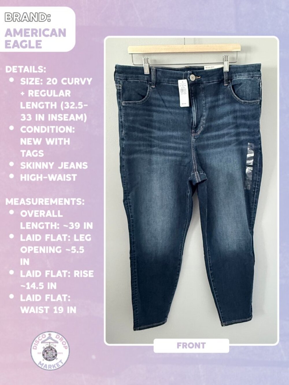 NWT American Eagle Curvy High Rise Skinny Jeans Size 20 Regular